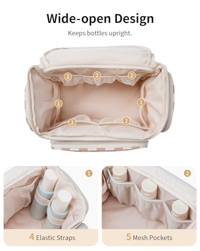 Narwey Hanging Travel Toiletry Bag for Women, Large Makeup Cosmetic Bag - color: A-Brown Checkerboard