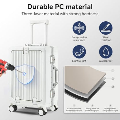 24 Inch Aluminum Frame Luggage with Front Pocket, White - color: White, size: 24 Inch