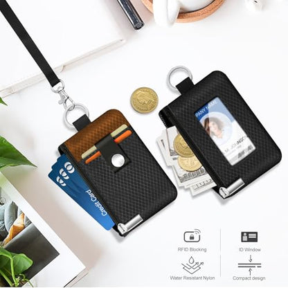 Minimalist RFID Blocking Small Wallet with ID Window,WaterResistant Zip Id Case Wallet with Lanyard Keychain for Cards,Cash,Travel,Women,Men (Black/Brown) - color: Black/Brown