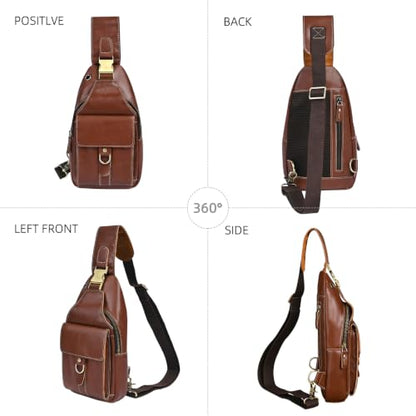 Genuine Leather Hiking Travel DayPack Sling Crossbody Triangle Chest Pack Bag For Men Women 8241 (E-Coffee 1) - color: E-coffee 1