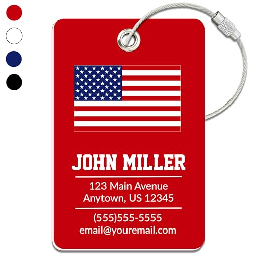 Personalized Luggage Tag with American Flag | Custom Luggage Tags for Suitcases | Kids Backpack Tag | 4 Color Options & Choose Font, Font Color - color: Red, size: 1 pack - Large