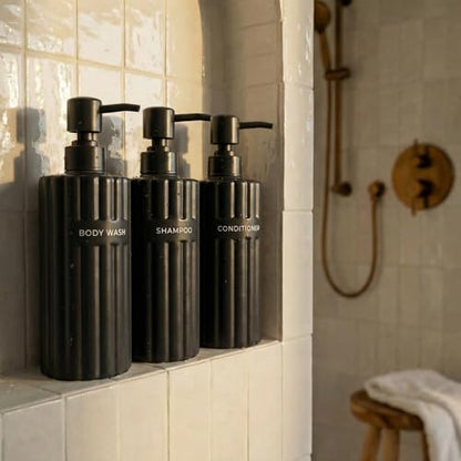 Stylish Shampoo & Conditioner Dispenser Set of 3 - Fluted 19oz Bottles - color: Black