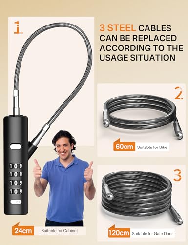 4-Digit Combination Cable Lock with 3 Replaceable Steel Cables for Gate, Bike & Luggage, Resettable Keyless Cable Lock, Black, 2 Pack - color: Black, size: 2 Pack