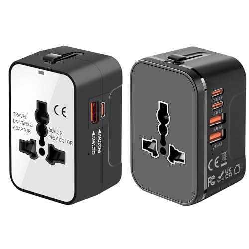 Travel Adapter 2 Pack, Worldwide All in One Universal Travel Adaptor AC Power Plug Adapter Wall Charger with USB-C and USB-A Fast Charging Ports for USA EU UK AUS