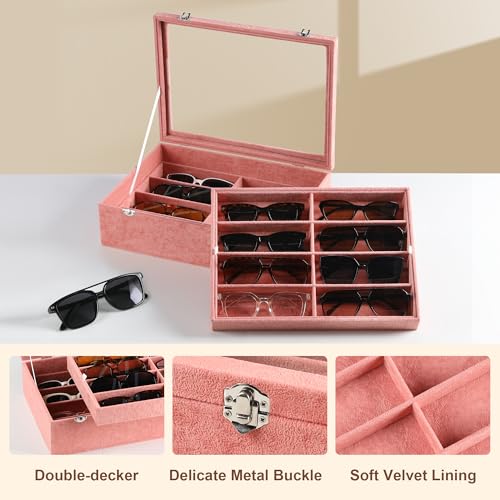Frebeauty 16-Slot Sunglass Organizer Box,2 Layer Velvet Sunglasses Holder - color: Pink