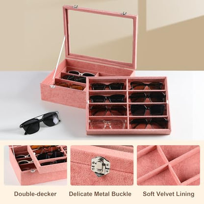 Frebeauty 16-Slot Sunglass Organizer Box,2 Layer Velvet Sunglasses Holder - color: Pink