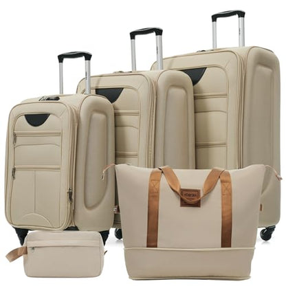 Merax Softside Luggage Set, Travel Suitcase Expandable Lightweight 3 Piece - color: Khaki-22/26/30/DB/TB