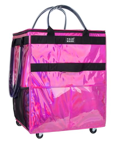 Reusable Grocery Bag with Wheels, Large Glitter Pink Rolling Tote | 8 Pockets, Zipper Cover, Foldable for Women, Kitchen, Travel, Carries Up to 76LBS - color: Glitter Pink, size: Large