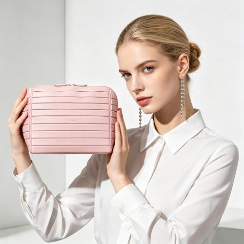 Travel parallel vertical Makeup Bag with Fold-Down Design and Adjustable Dividers,upright Cosmetic Toiletry Bags Pink