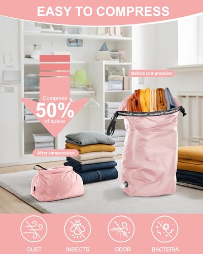 Travel Laundry Bags, Pump-Free Compression Dirty Clothes Bag - color: Pink, size: 23" L × 17" W × 6.5" H
