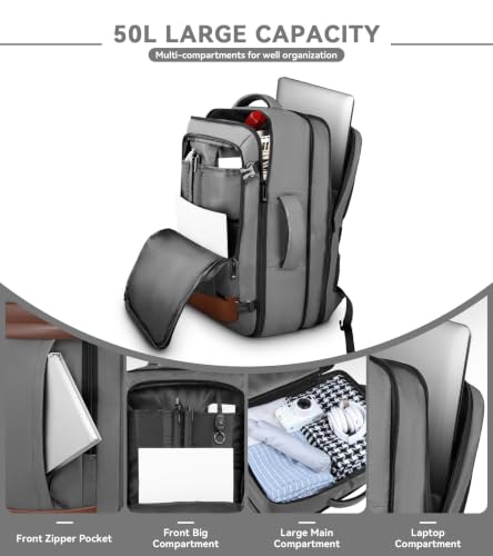 AREYTECO Expandable Carry on Backpack, 50L Extra Travel Laptop Backpack - color: Khakigrey, size: 17.3 Inch (20''x13''x10'')