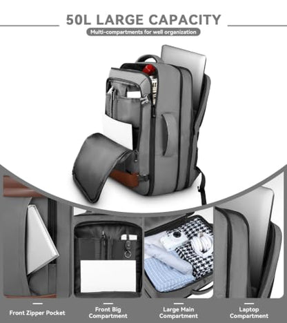 AREYTECO Expandable Carry on Backpack, 50L Extra Travel Laptop Backpack - color: Khakigrey, size: 17.3 Inch (20''x13''x10'')
