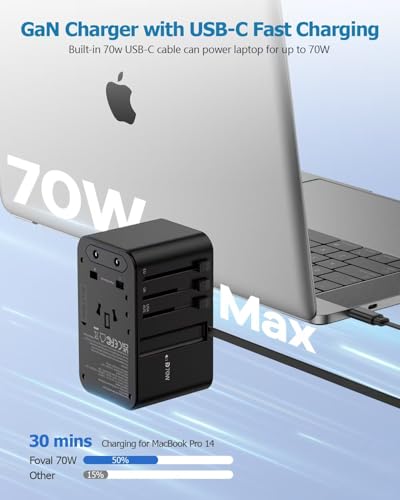 FOVAL 유럽 여행용 플러그 어댑터, 접이식 USB C 케이블이 있는 범용 여행용 어댑터, 유럽 이탈리아 영국 미국 AUS (70W) 용 올인원 국제 전원 어댑터 - size: 70W