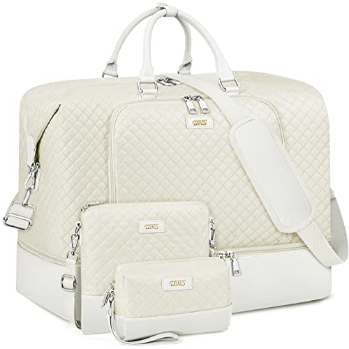 TIBES Travel Weekender Bag for Women, Overnight Bag with Shoe Compartment - color: J-Beige Diamond 3pcs