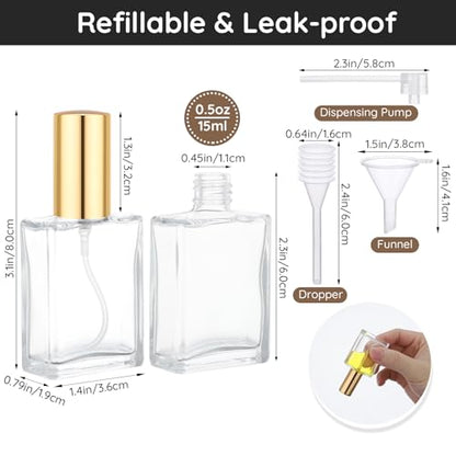 Segbeauty 0.5oz 10pcs Bulk Glass Spray Bottles for Travel, Golden Silver Cap Perfume Refiilable Bottles Empty, 15ml Fine Mist Travel Cologne Bottle with Transfer Tool, Mini Portable Liquid Sprayer - color: Clear-Golden+Silver, style: 0.5oz 10pcs