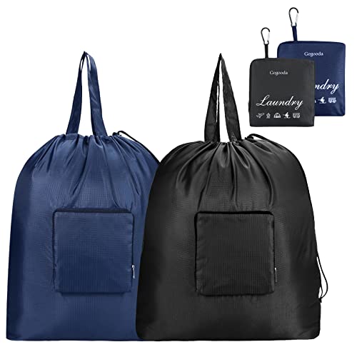 GOGOODA Travel Laundry Bags with Drawstring Closure XL Large with Handle - color: Black & Dark Blue