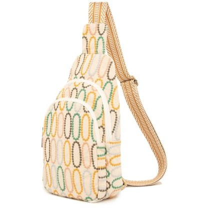 SILKAREA Canvas Sling Bag for Wome Crossbody Purse Small Sling Backpack Purse Travel Hiking Chest Bag Daypack - color: Embroidered Beige