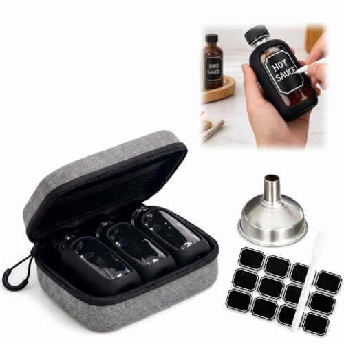3×2oz (60ml) Glass Travel Bottles with Black Silicone Sleeves – Mini Flask Containers for Spirits, Hot Sauce, Oils & Bitters, Includes EVA Case, Funnel & Labels, TSA-Approved Leak-Proof Kit