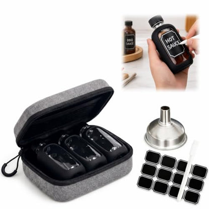 3×2oz (60ml) Glass Travel Bottles with Black Silicone Sleeves – Mini Flask Containers for Spirits, Hot Sauce, Oils & Bitters, Includes EVA Case, Funnel & Labels, TSA-Approved Leak-Proof Kit
