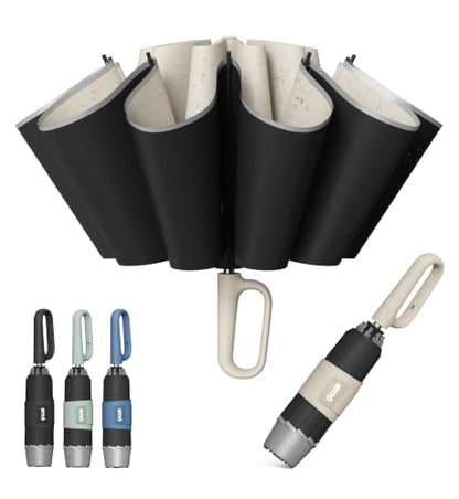QWB Inverted Umbrella with Auto Open Close Windproof Compact Travel - color: UV-Beige, size: 46 IN
