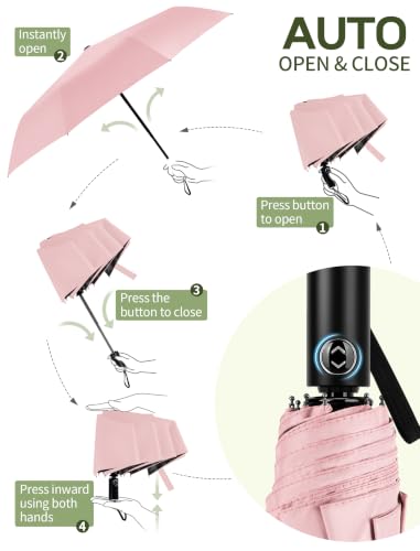 Yoobure Compact Travel Umbrella, Windproof Automatic Folding UV Sun & Rain - color: Coral Pink