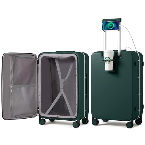 mixi Checked Luggage with Cup Phone Holder and Charger Hard Shell Suitcases with Spinner Wheels, 24 Inch Blackish Green - color: Blackish green, size: 24-inch