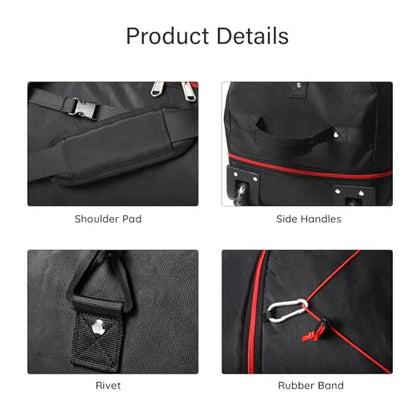 32 Inch Wheeled Foldable Duffle Bag, Large Capacity Rolling Bag | Waterproof premium oxford fabric,110L expandable to 140L,multi handles,all-terrain wheels,collapsible with storage pouch - color: Black-Red