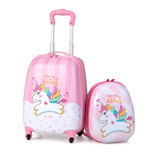 GYMAX Kids Carry On Luggage Set, 12" & 16" 2PCS Rolling Suitcase - color: Happy Pony
