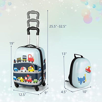 GYMAX 아동용 휴대용 수하물 세트, 30.5cm(12인치) 및 40.6cm(16인치) 롤링 슈트케이스 2개 - color: 리틀 비행기
