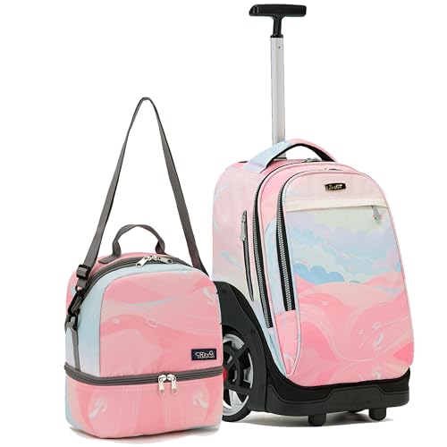 NEW TILAMI 19 Inch Rolling Backpack with Lunch Bag School, Pink - color: Pink
