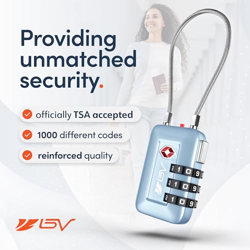 BV Luggage Locks TSA Accepted, Travel Sentry Approved 3-Digit Combination Suitcase Locks with Open Alert & Flexible Cable for Travel, Backpacks, Lockers, Cases, Arctic Blue, 4 Pack - color: Arctic Blue 4-Pack