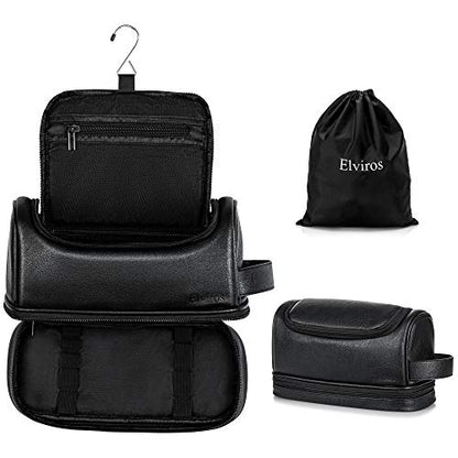 Elviros Hanging Toiletry Bag for Men PU Leather Shaving Kit (Black) - color: Black, size: Large (Pack of 1)