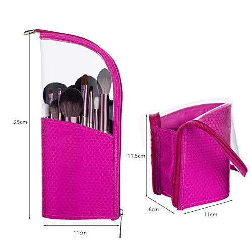 Travel Make-up Brush Holder Organizer Bag，Clear Plastic&Oxford Cosmetic Zippered Case，Portable Waterproof Stand-Up Makeup Brush Pouch (rose red) - color: rose red