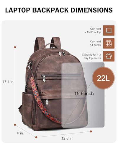 FADEON 15.6 Inch Laptop Backpack Purse for Women, Large Capacity - color: Coffee Brown Retro Style