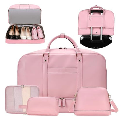 4‑PCS Leather Duffle Bag for Travel, Weekender Overnight Gym Bag Men Women - color: 4PCS Pink