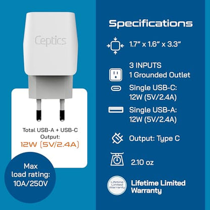 Ceptics Italy, Europe Travel Adapter Plug Set - 2 Pack - with 2 USB + USA Socket Input - Type L and Type C - Ultra Compact - Safe Grounded Perfect for Cell Phones, Laptops, Camera Chargers