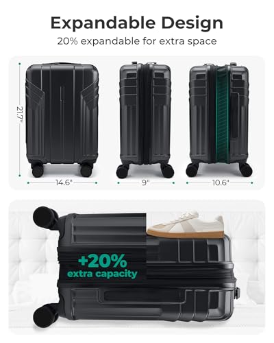 BAGSMART Expandable Carry On Luggage 22x14x9 Airline Approved, Black | Spinner Wheels, TSA Lock, Lightweight Hard Shell, Suitcase,22x14x9 Airline Approved - color: Black, size: Expandable Carry On 20 Inch