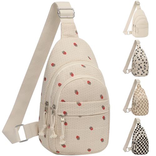 ELONGRIVER Corduroy Small Crossbody Bags for Women Teen Girls Trendy | Cute Sling Bag, Functional Cross Body Purses for Travel Hiking, Beige Strawberry Purse - color: Beige Strawberry