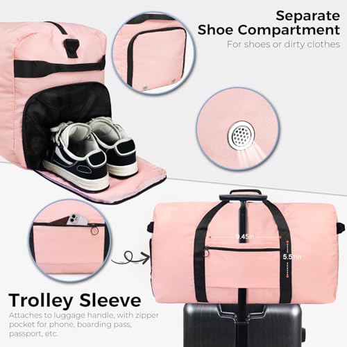 Fmeida 65L Duffle Bag Foldable Travel Duffel Bags for Men Women Travel Bag - color: Glossy Light Pink