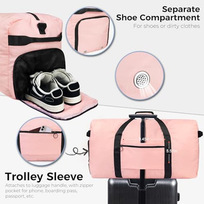 Fmeida 65L Duffle Bag Foldable Travel Duffel Bags for Men Women Travel Bag - color: Glossy Light Pink