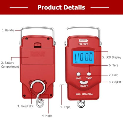 Dr.meter Fish Scale, 110 lb Digital Luggage Scale with Tape - color: Red