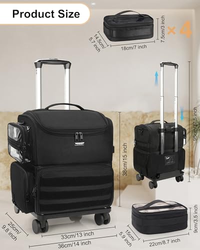 Relavel Rolling Makeup Case, Cosmetology Case on Wheels with 8 Clear Bags, Professional Makeup Artist Set Bags Cosmetic Storage Organizer with Adjustable Dividers, 360° Spinner Wheels, Black - color: Black with 4 small bags