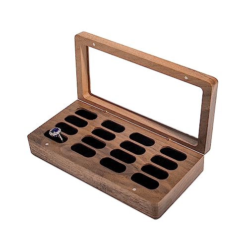 Luxury Solid Wood Ring Box with Glass Window Storage 16 Ring Holes - color: 16 Slots