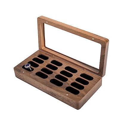 Luxury Solid Wood Ring Box with Glass Window Storage 16 Ring Holes - color: 16 Slots