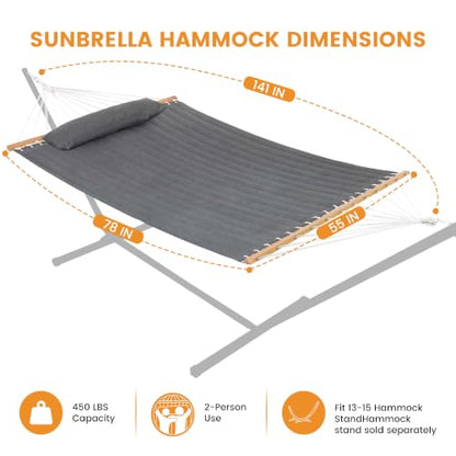 Lazy Daze 12 FT Sunbrella Quilted Hammock, Non-Fading Double Hammock - color: Cast Slate