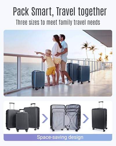 LIGHT FLIGHT 3 Pieces Luggage Sets with Spinner Wheels Hardshell TSA Lock - color: Black
