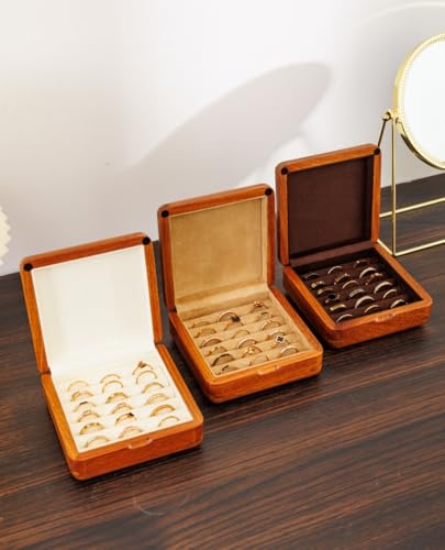 Solid Teak Wood Ring Box, Earring Holder Organizer - color: Brown Velvet, size: Small (5"L*5"W*2"H)