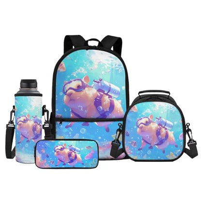 4-in-1 Kids School Backpack Set 3D Capybara Diving Design Backpack with Lunch Box for Girls Boys Elementary & Middle School Back to School Pencil Case and Water Bottle Sleeve - color: Capybara Diving