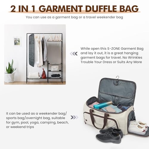 S-ZONE Garment Bag for Travel Convertible Duffle Bag Suit Bag for Men Women - color: Beige