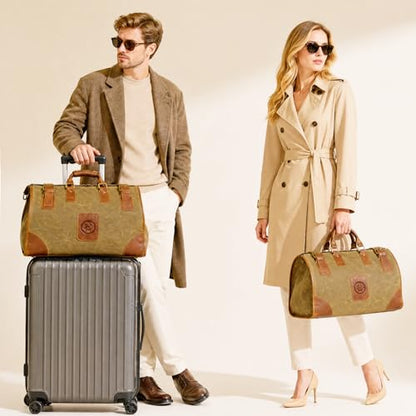 Water Resistant Canvas + Leather Travel Luggage Tote Duffle Gym Suitcase Weekender Overnight Bag For Men Male FB8151 (A-Brown) - color: Khaki
